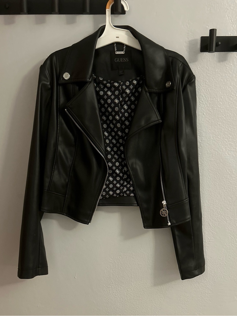 GUESS Black Faux Leather Moto Jacket with Silver Hardware